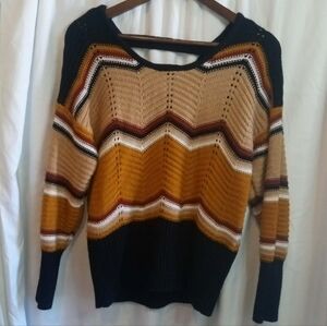 Inner Circle Large Chevron Stripe Scoop-Neck Sweater Black Rust Cream Mustard